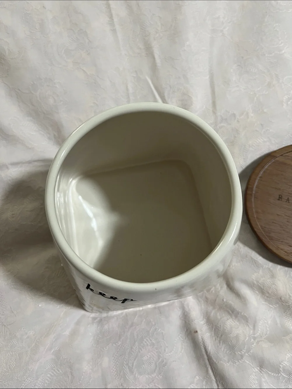 “Keep” Rae Dunn Floral Wildflower Ceramic Jar with Brown Wood Lid, 6” H x 4” D